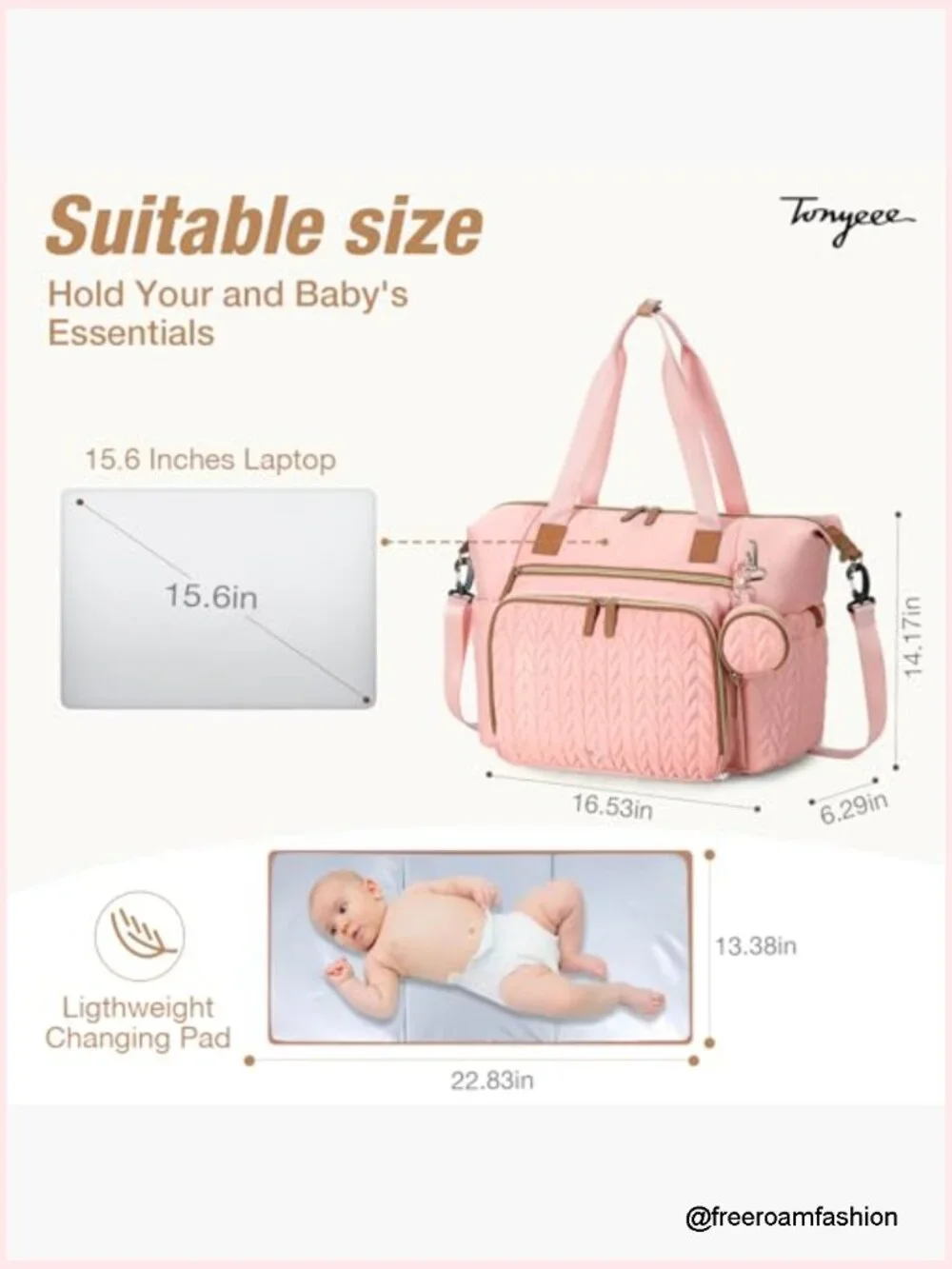 Large Waterproof Diaper Bag Tote with Changing Pad, Travel Hospital Bag, 16